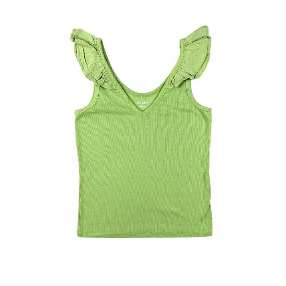 Old Navy L TALL Womens Green Ruffle Shoulder Ribbed V-Neck Tank